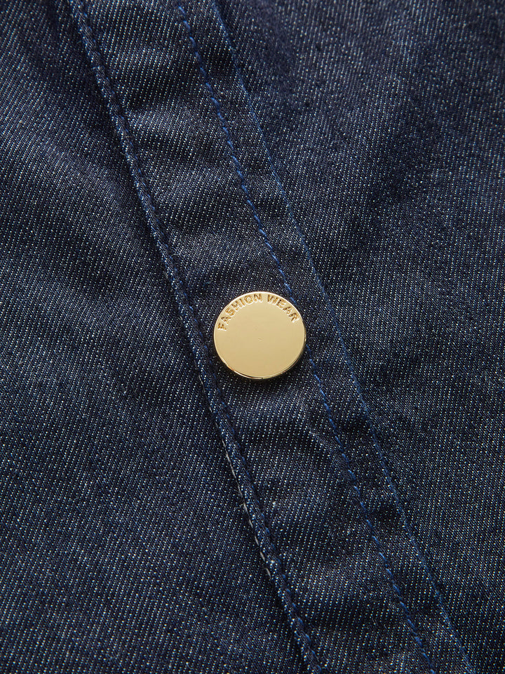 Button Front Denim Midi Dress - women's denim dress, detail close-up