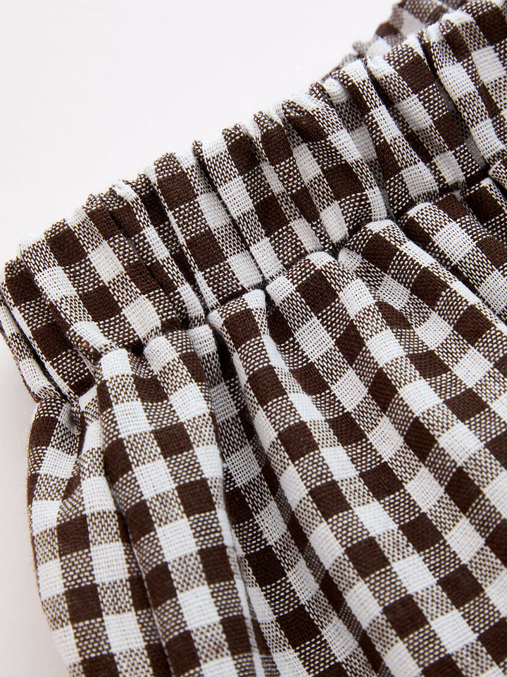 Drawstring Plaid Loose Balloon Pants - women's trousers, detail close-up