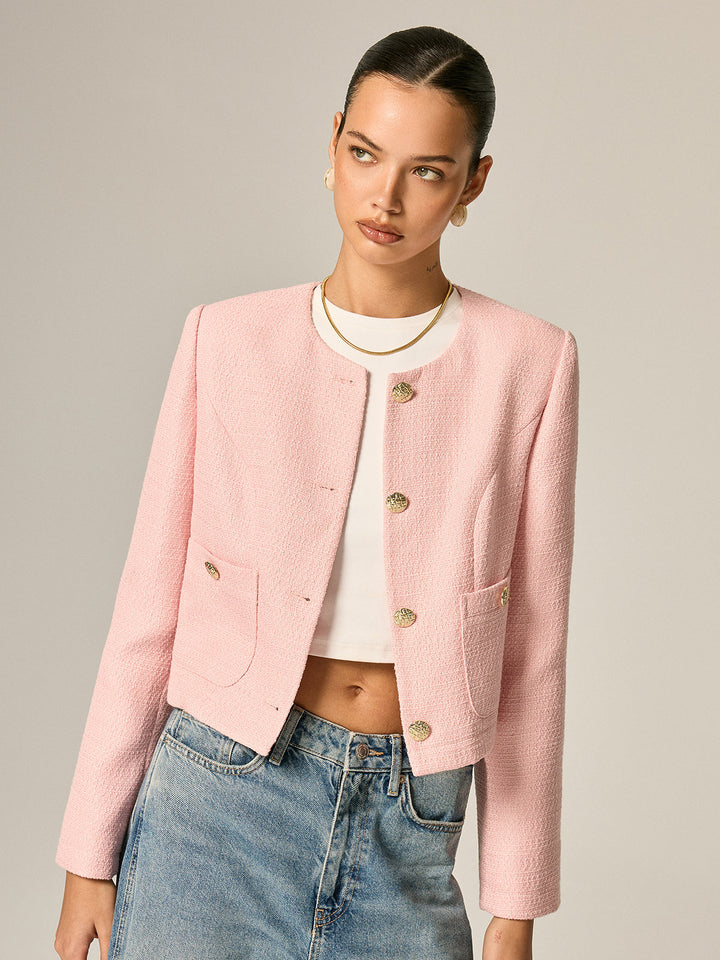 Tweed Metal Button Blazer - women's blazer, front view