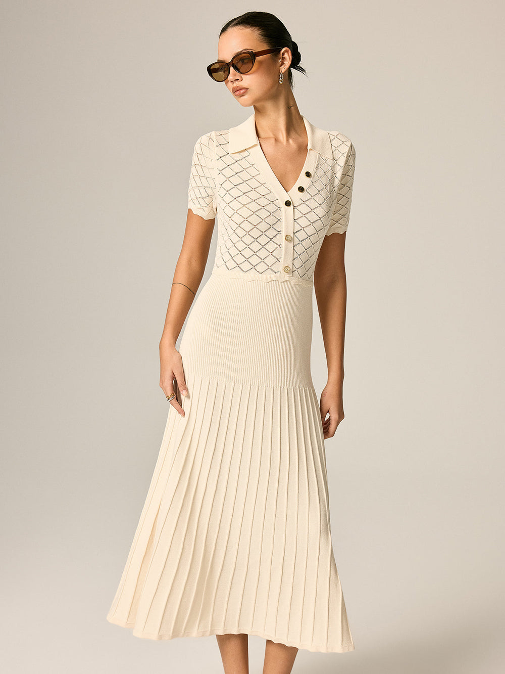 Polo Collar Hollow Knit Pleated Maxi Dress — women's sweater dresses, back view