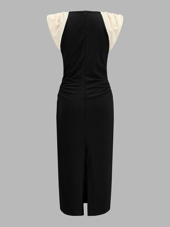 Color Block Ruched V-Neck Midi Dress - women's dress, side view