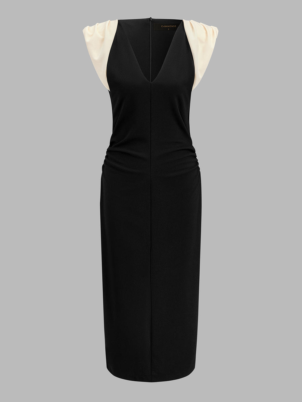 Color Block Ruched V-Neck Midi Dress — women's dresses, back view