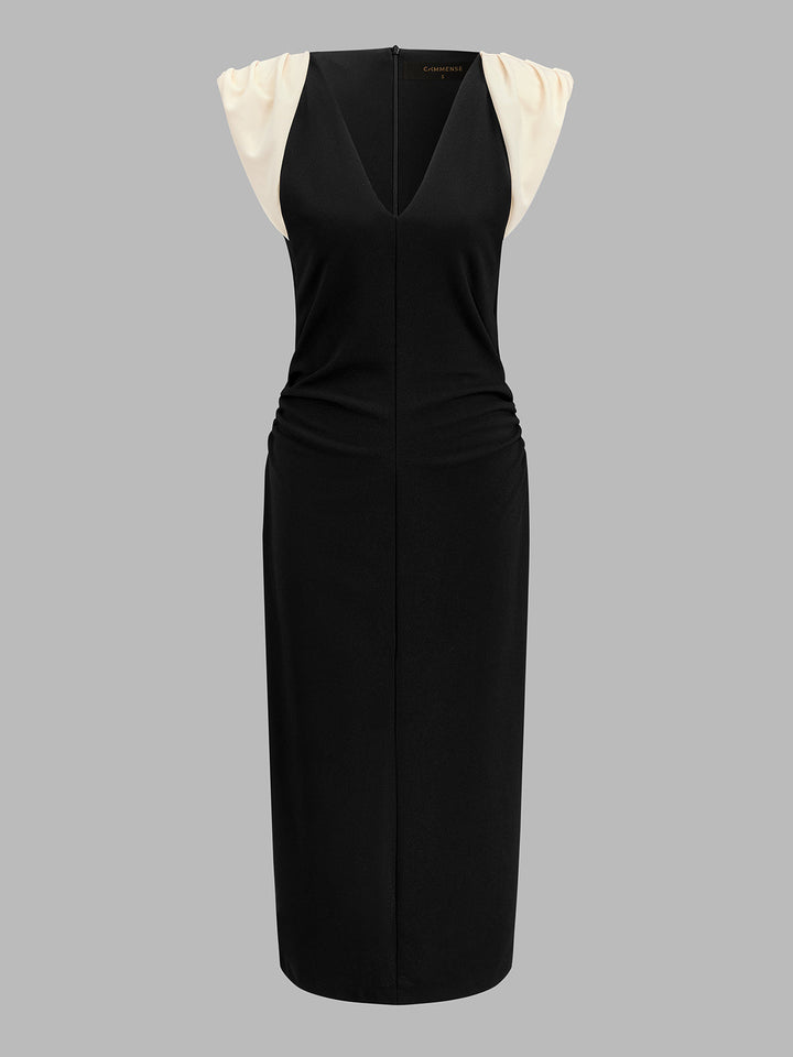Color Block Ruched V-Neck Midi Dress - women's dress, back view