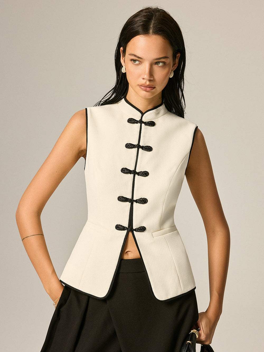 Frog Button Contrast Trim Textured Vest — women's vests, back view