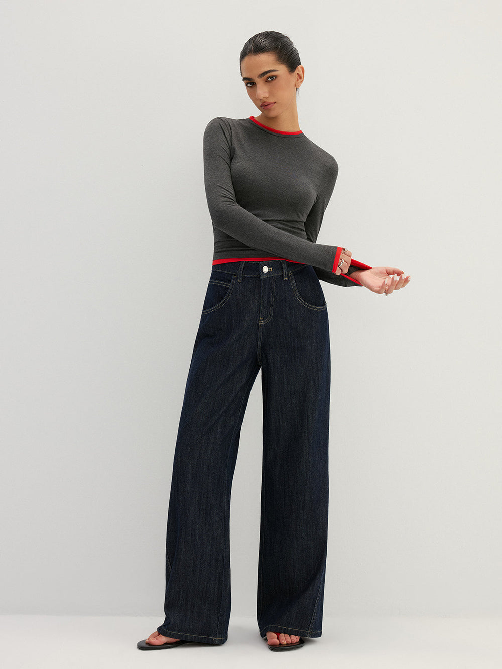 Contrast Trim Fake Two Piece Long Sleeve Top — women's t-shirts, back view