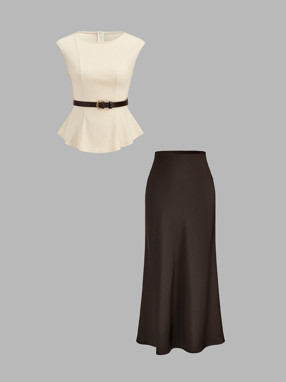Belted Peplum Top & Satin Midi Skirt Set peplum top and midi skirt shown together