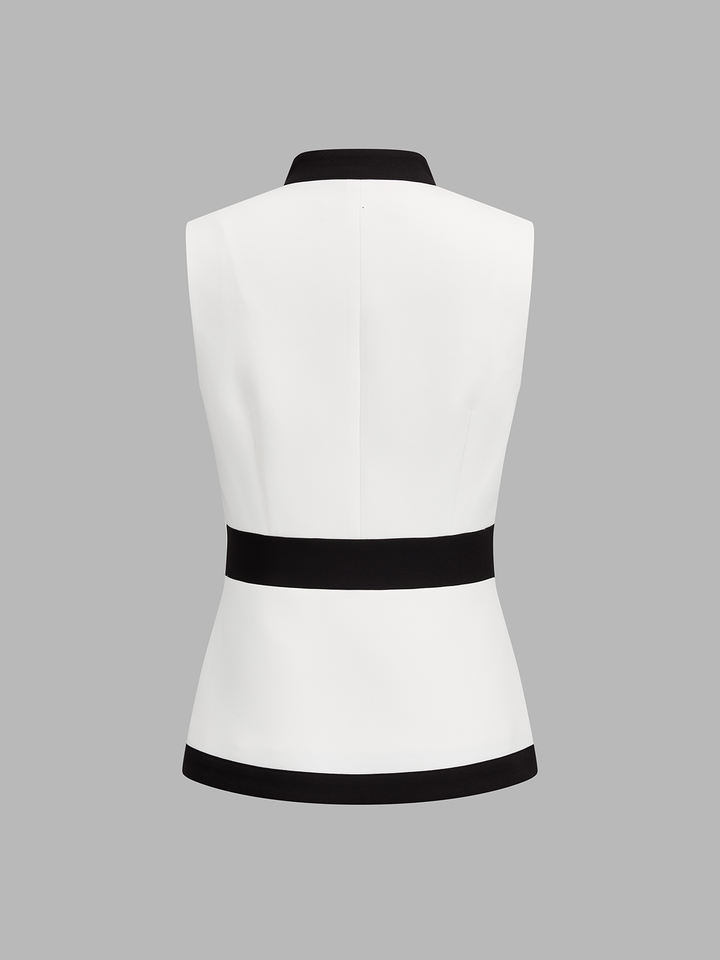 Back view of the white colour block sleeveless vest with black waistband and hem trim
