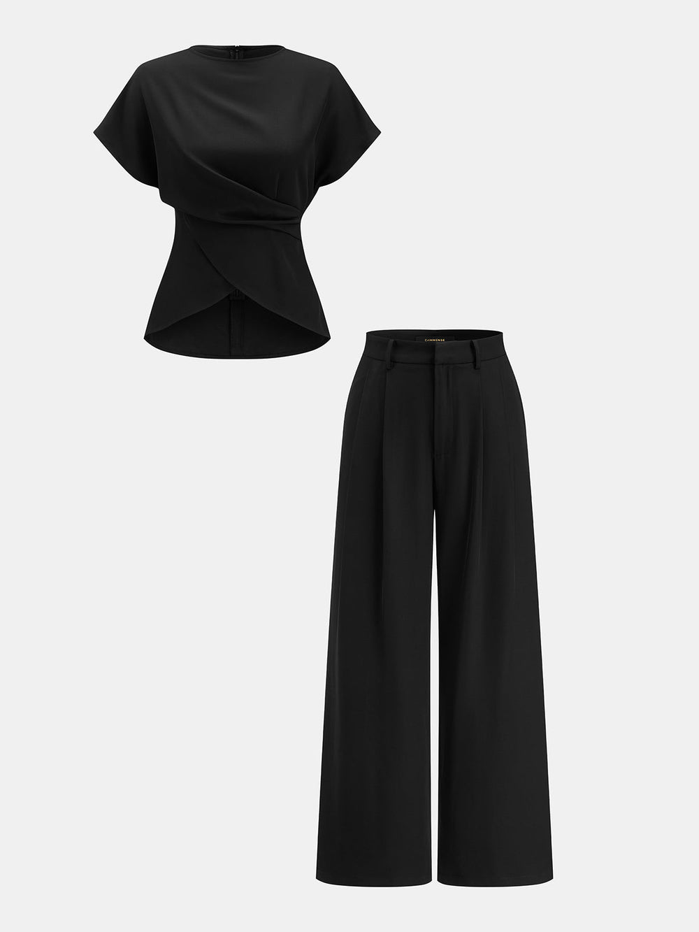 Tie-Back Satin Top & Pleated Pants Set tie-back top and a-line shorts shown together