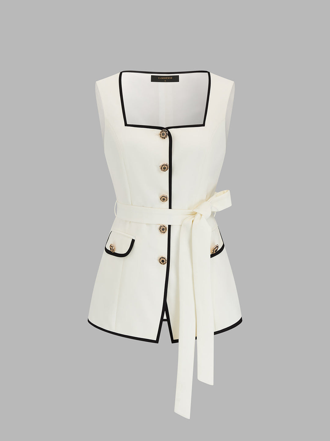 Square Neck Belted Contrast Trim Vest — women's vests, front view