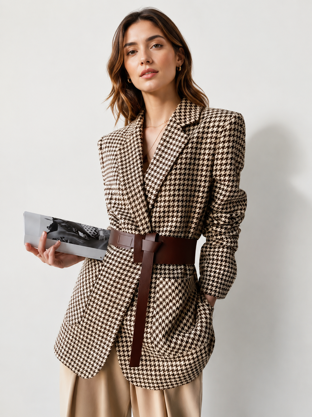 Houndstooth Split Blazer With Belt — women's blazers, front view