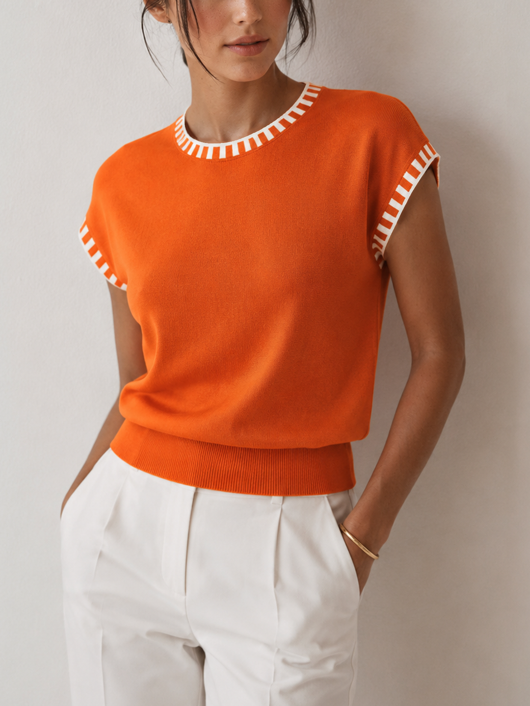 Contrast Trim Cap Sleeve Knit Top — women's sweaters, front view