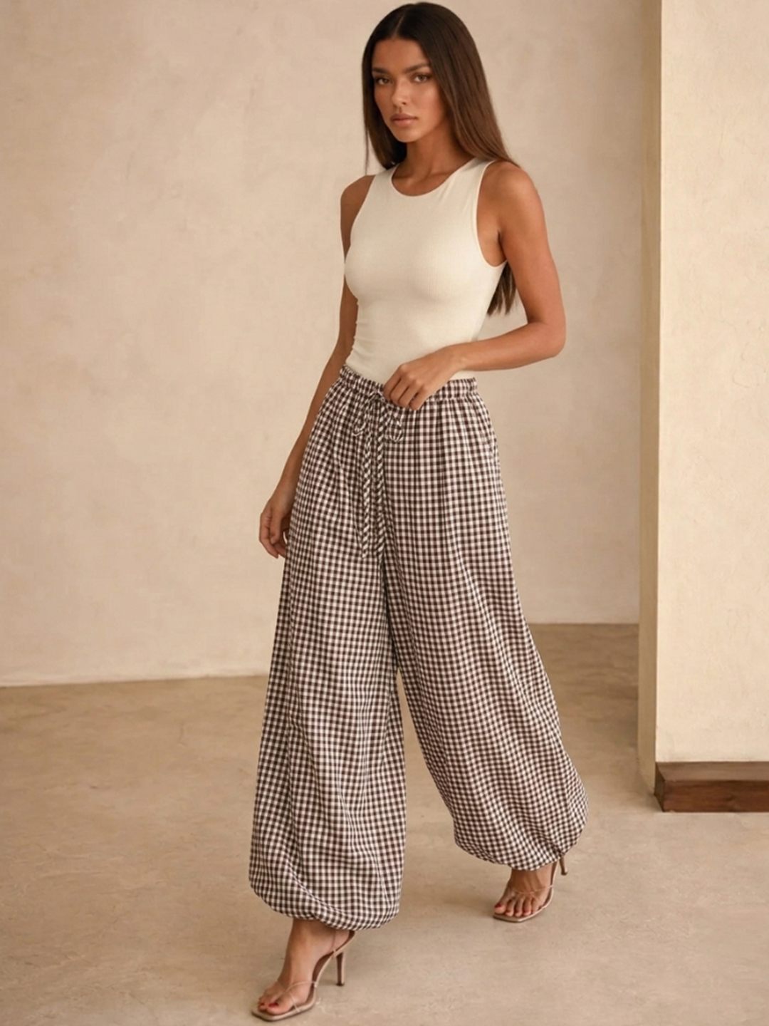 Drawstring Plaid Loose Balloon Pants — women's pants, front view
