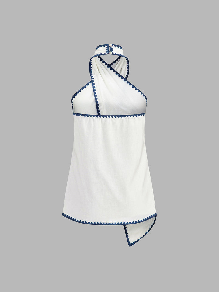 Scallop Trim Linen Blend Two Piece Shorts Set - women's two-piece shorts set, detail close-up