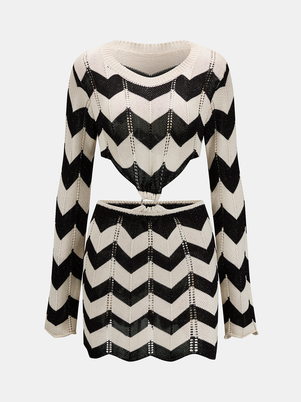 Long Sleeve Cutout Chevron Knit Mini Dress — women's sweater dresses, back view