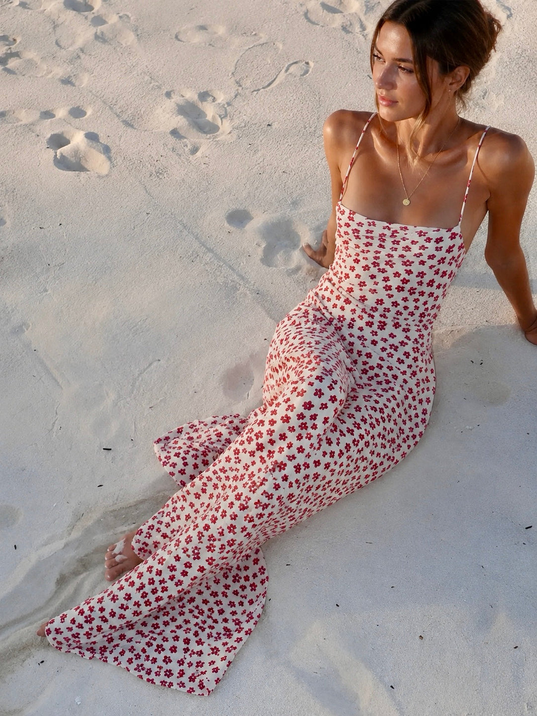 Strappy Floral Print Crisscross Flowy Long Sundress — women's dresses, front view