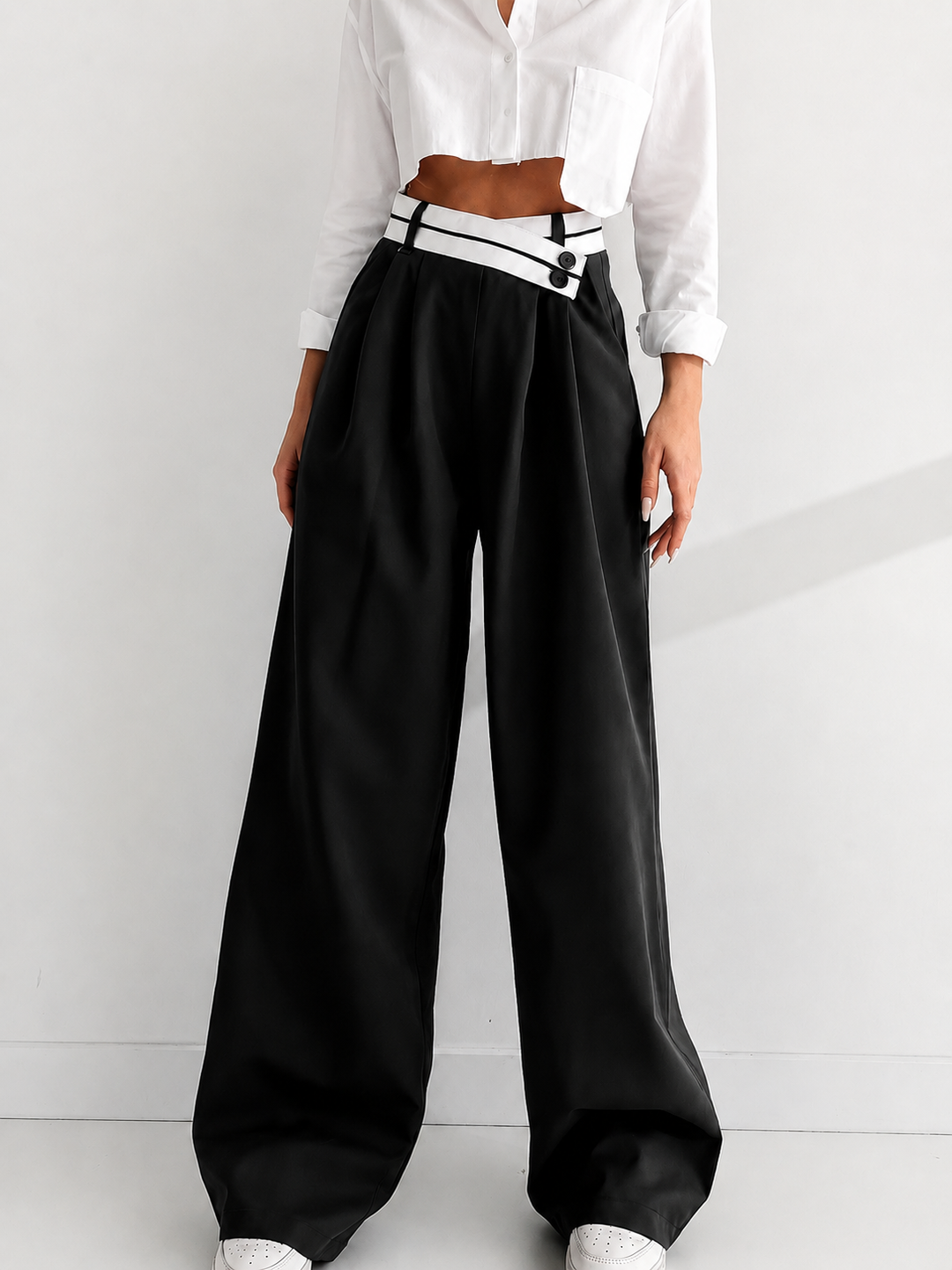 Asymmetrical Contrast Waistband Wide Leg Dress Pants — women's pants, front view