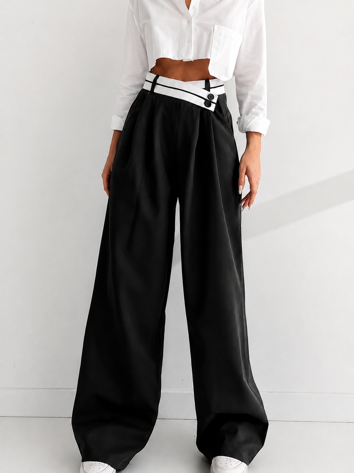 Asymmetrical Contrast Waistband Wide Leg Dress Pants - women's trousers, front view