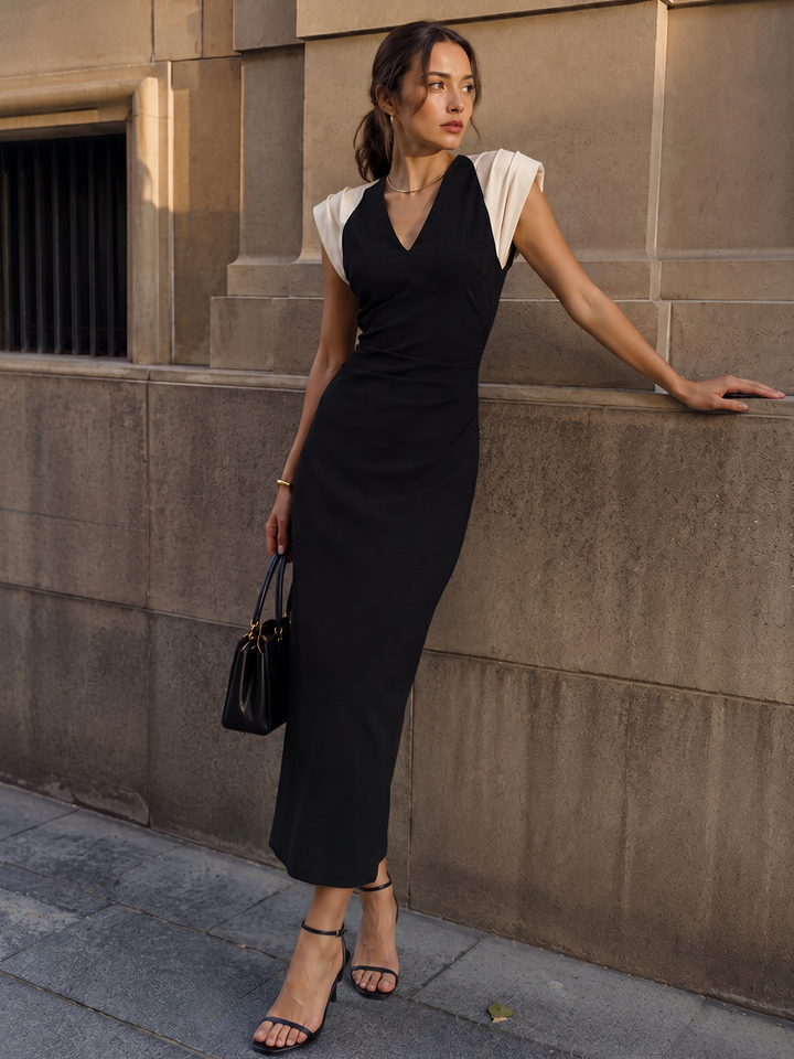 Color Block Ruched V-Neck Midi Dress - women's dress, front view