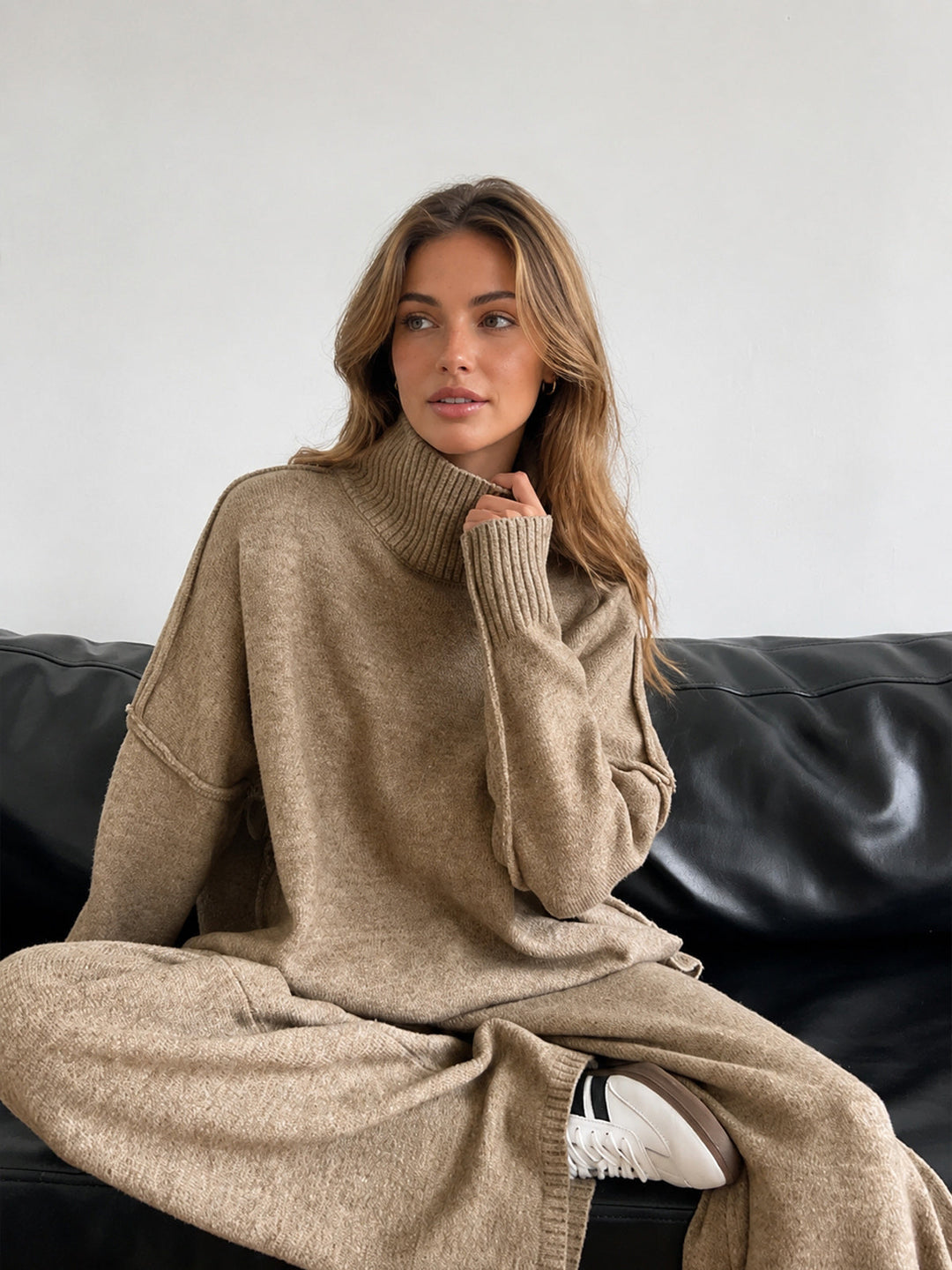 Plain Turtleneck Knit Pants Set — women's pant sets, front view