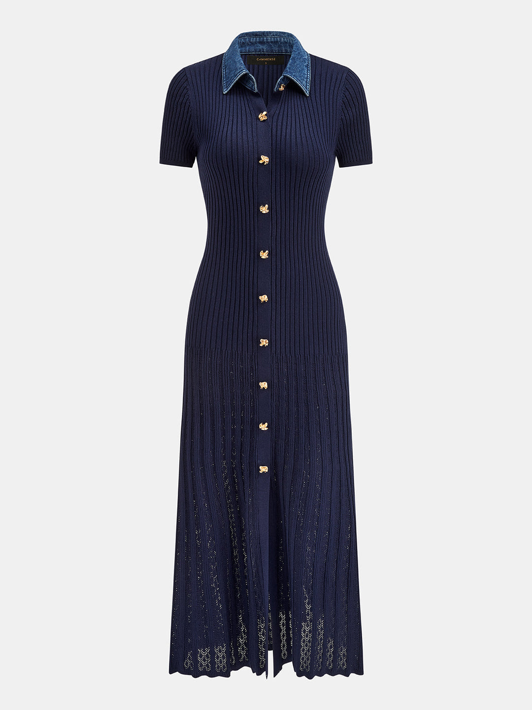 Flat front view of the navy ribbed polo maxi dress showing the denim collar and pointelle hem