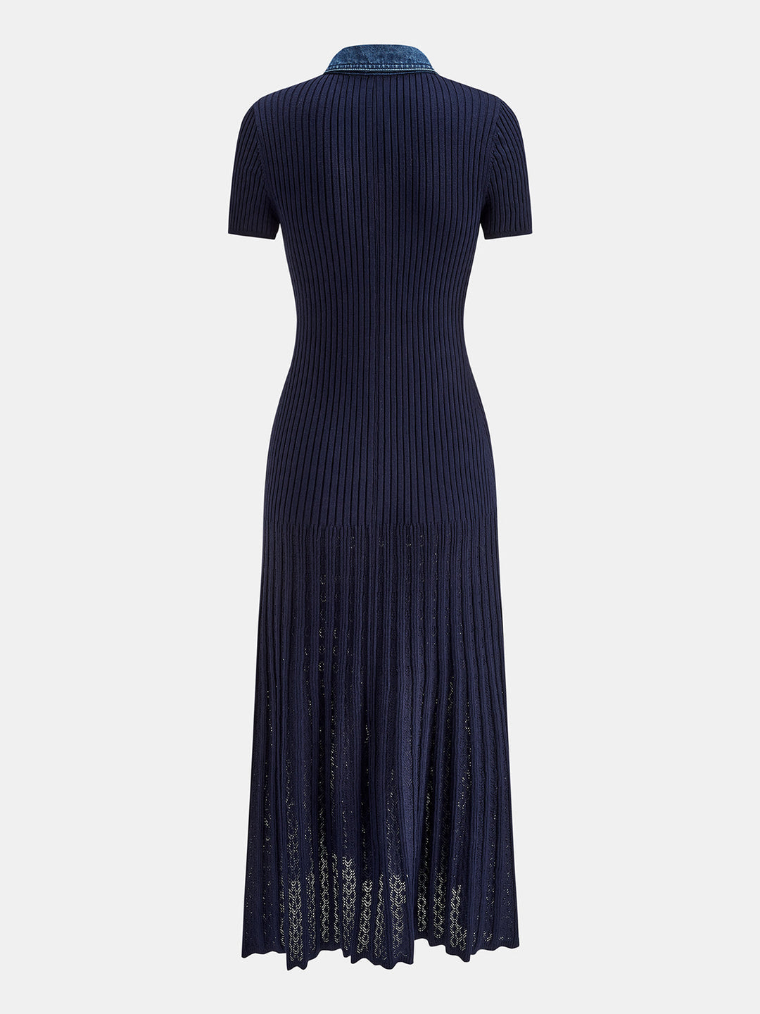 Denim Collar Ribbed Knit Maxi Dress - women's denim dress, detail close-up