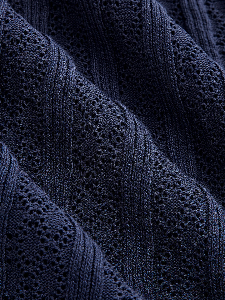 Macro of the navy ribbed and pointelle knit fabric used on the maxi polo dress
