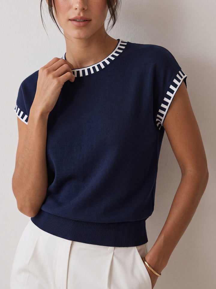 Contrast Trim Cap Sleeve Knit Top - women's knit top, fabric detail