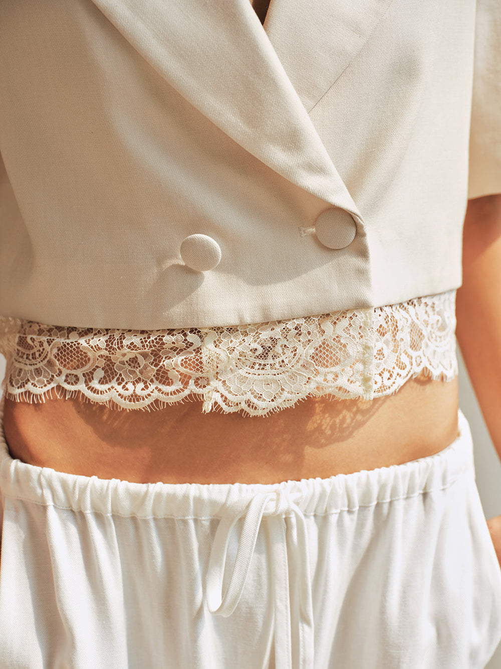 Double Breasted Lace Hem Short Sleeve Blazer — women's blazers, back view