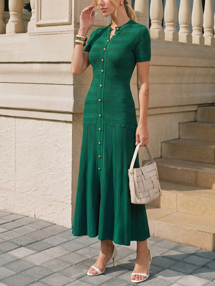 Short Sleeve Textured Knit Midi Dress - women's knit dress, styled with heels