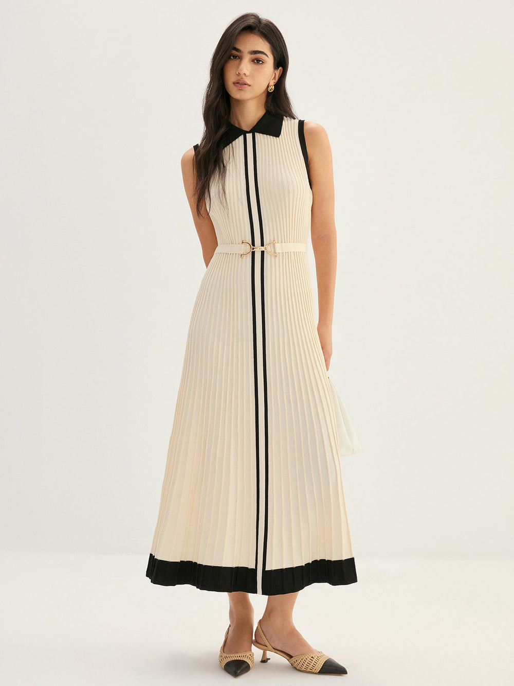 Elegant Contrast Collar Rib Knit Maxi Dress — women's sweater dresses, back view
