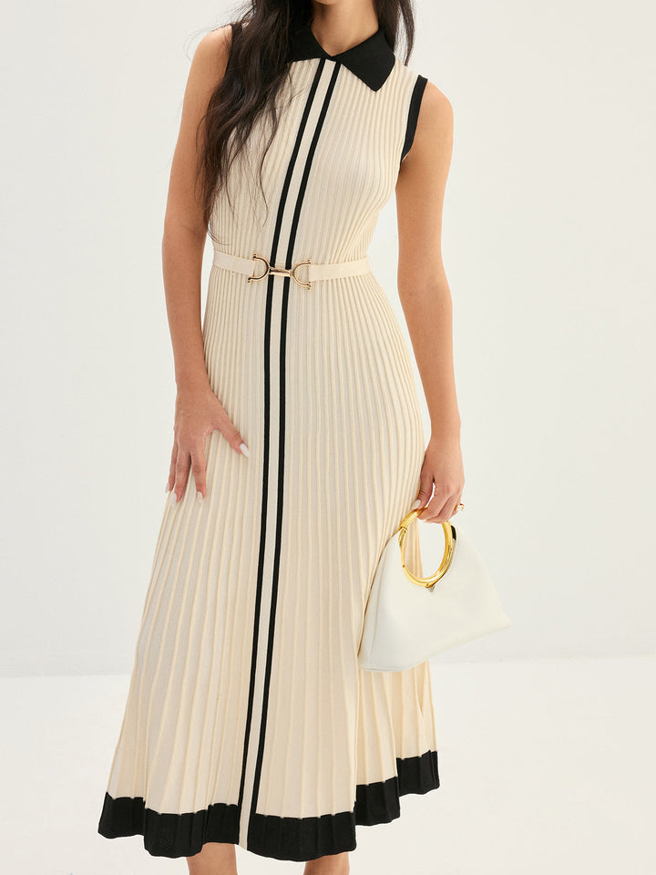 Elegant beige rib knit maxi dress with black stripe placket and gold buckle belt