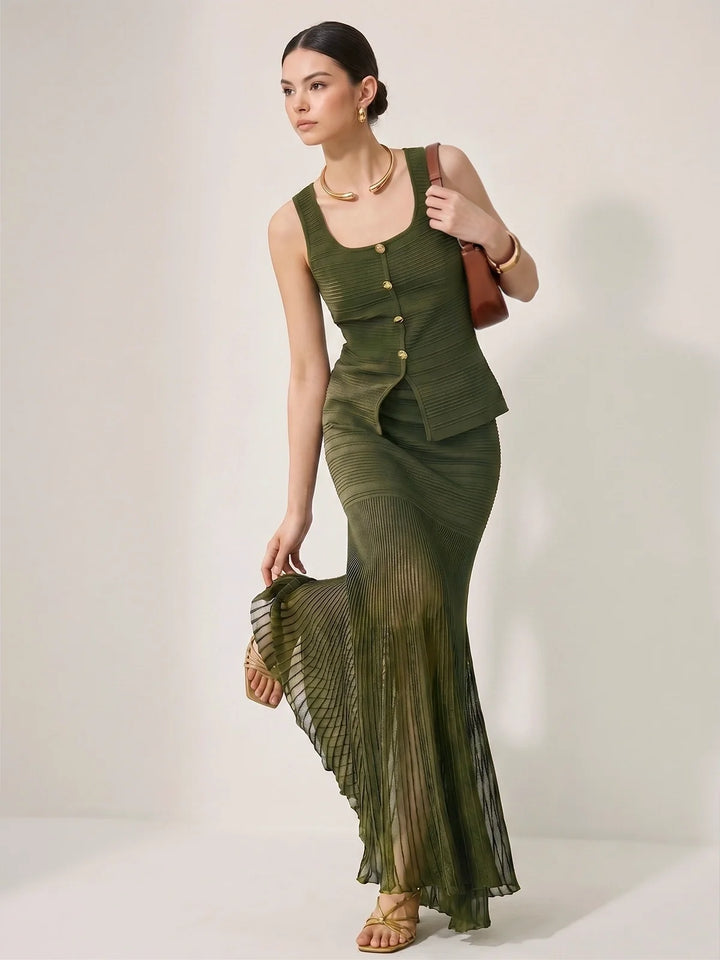 Textured Knit Top & Sheer Mermaid Skirt Set - women's two-piece skirt set, front view