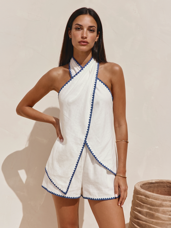 Scallop Trim Linen Blend Two Piece Shorts Set - women's two-piece shorts set, front view