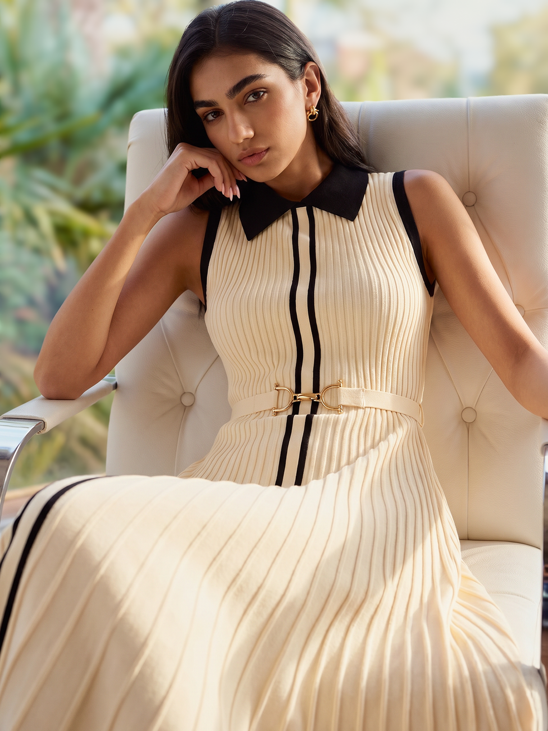 Elegant Contrast Collar Rib Knit Maxi Dress — women's sweater dresses, front view