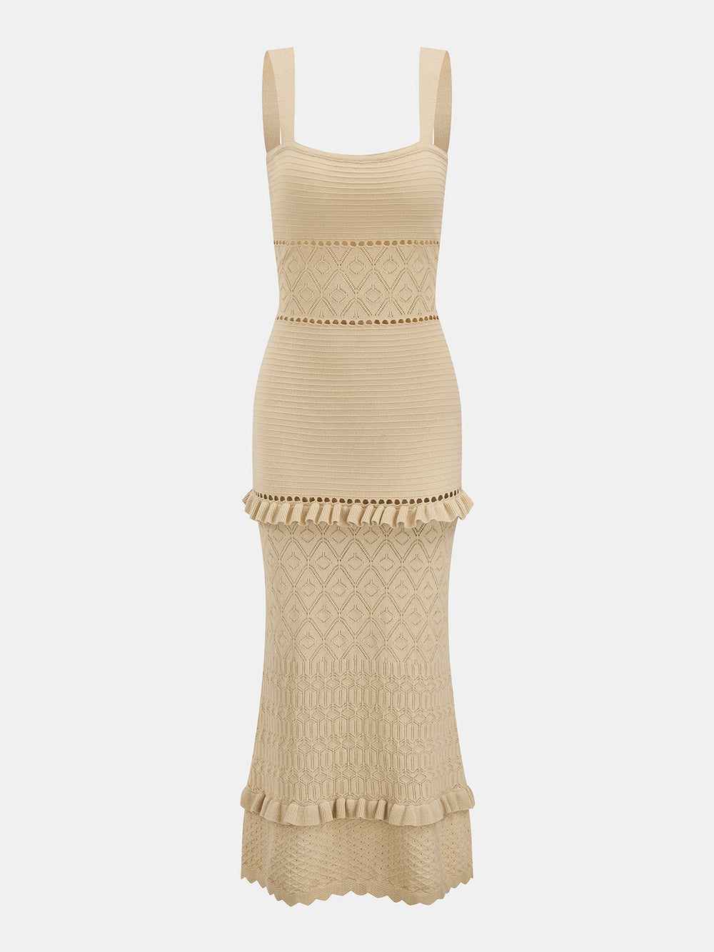 Hollow Knit Ruffle Maxi Slip Dress — women's sweater dresses, back view
