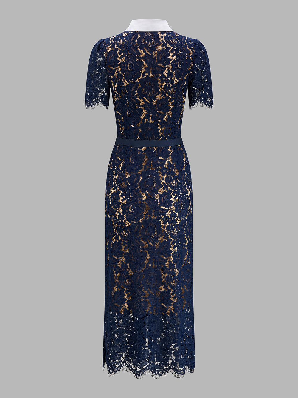 Contrast Collar Belted Lace Maxi Dress — women's dresses, back view