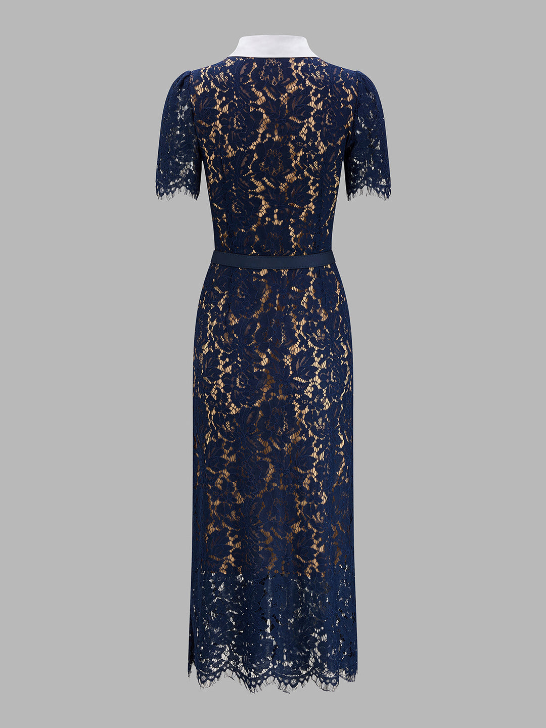Contrast Collar Belted Lace Maxi Dress