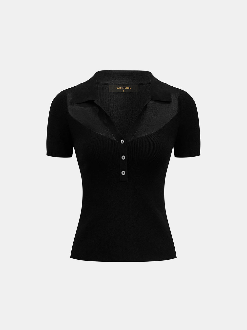 Polo Collar Sheer Panel Knit Top — women's knit tops, back view