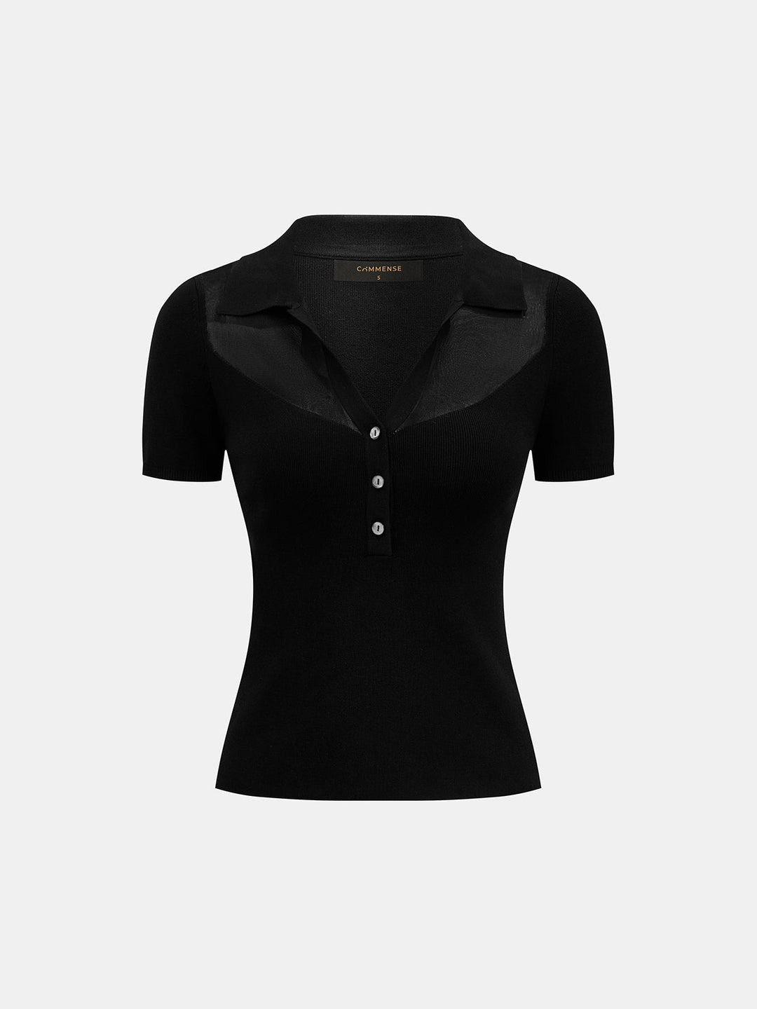 Polo Collar Sheer Panel Knit Top