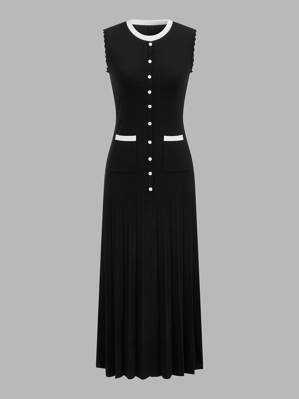 Scalloped Edge Pleated Knit Maxi Dress — women's sweater dresses, back view