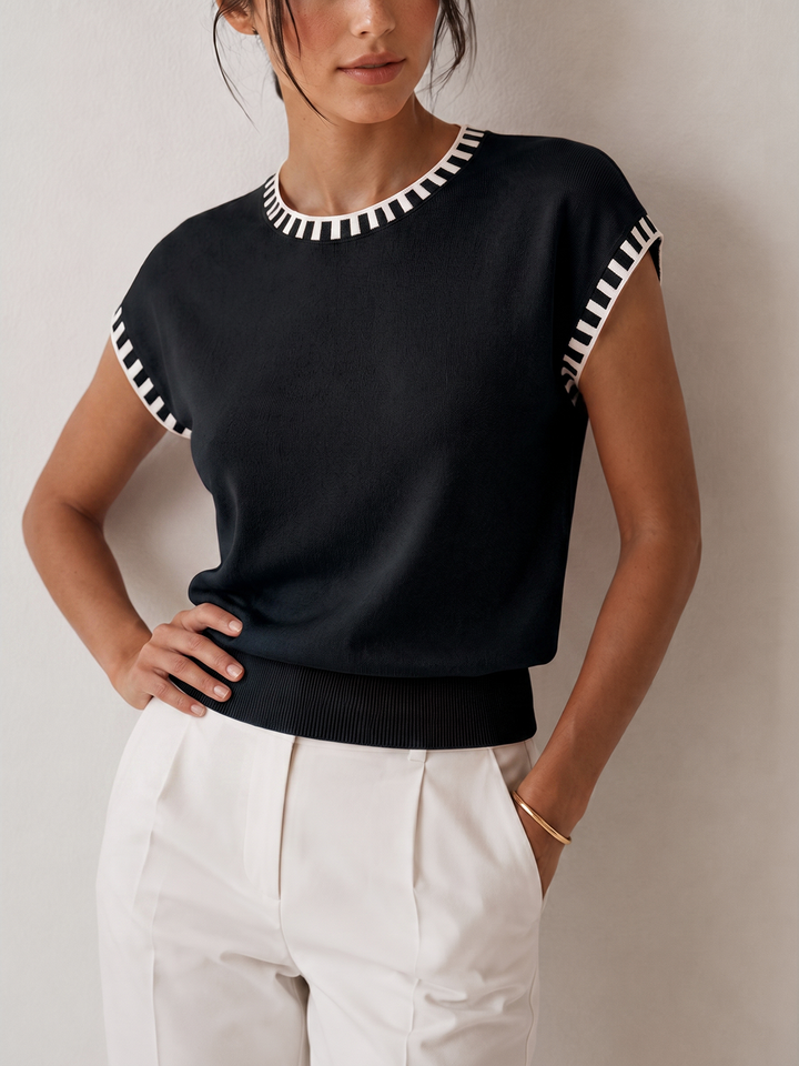 Contrast Trim Cap Sleeve Knit Top - women's knit top, neckline detail