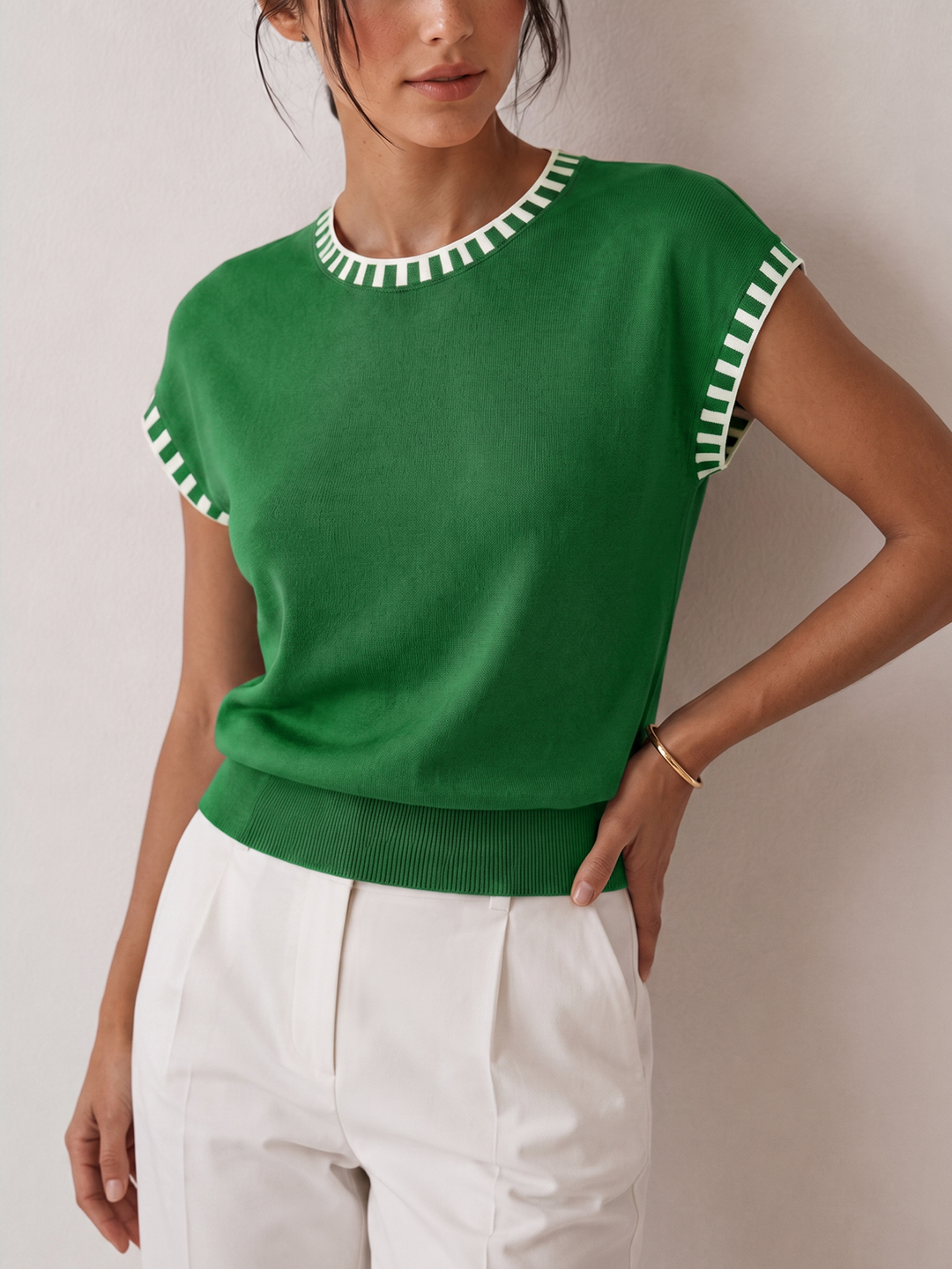 Contrast Trim Cap Sleeve Knit Top - women's knit top, sleeve detail