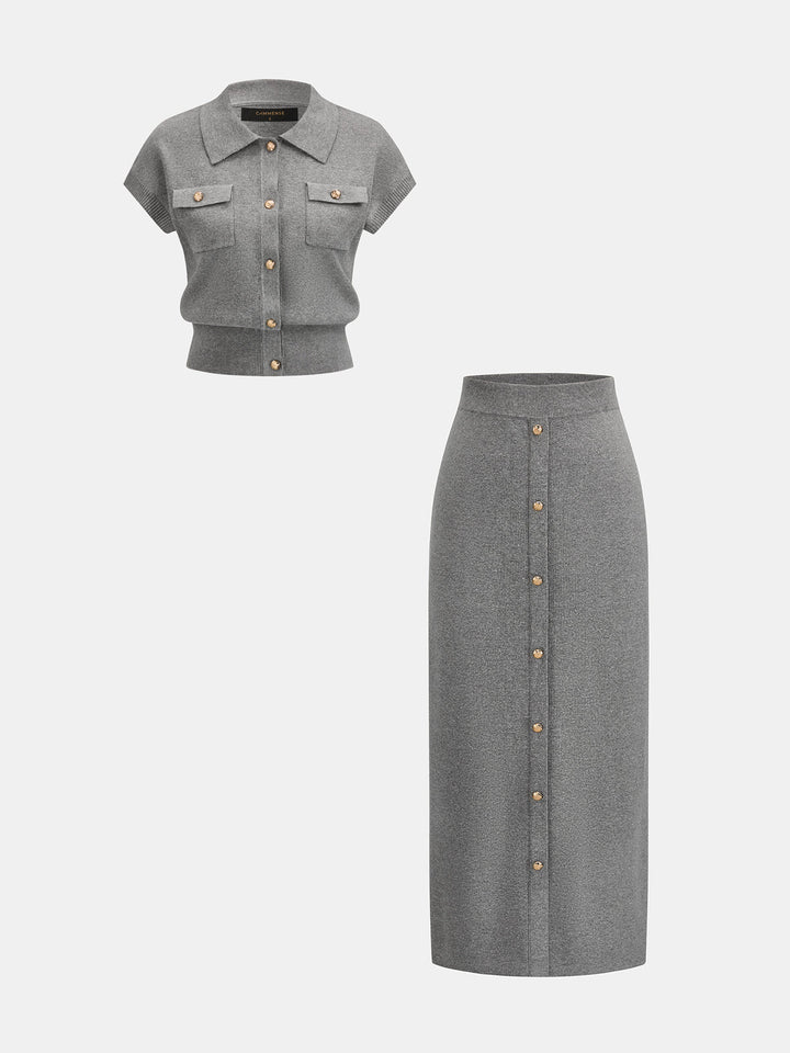 Metal Button Knit Two Piece Skirt Set - women's two-piece skirt set, back view