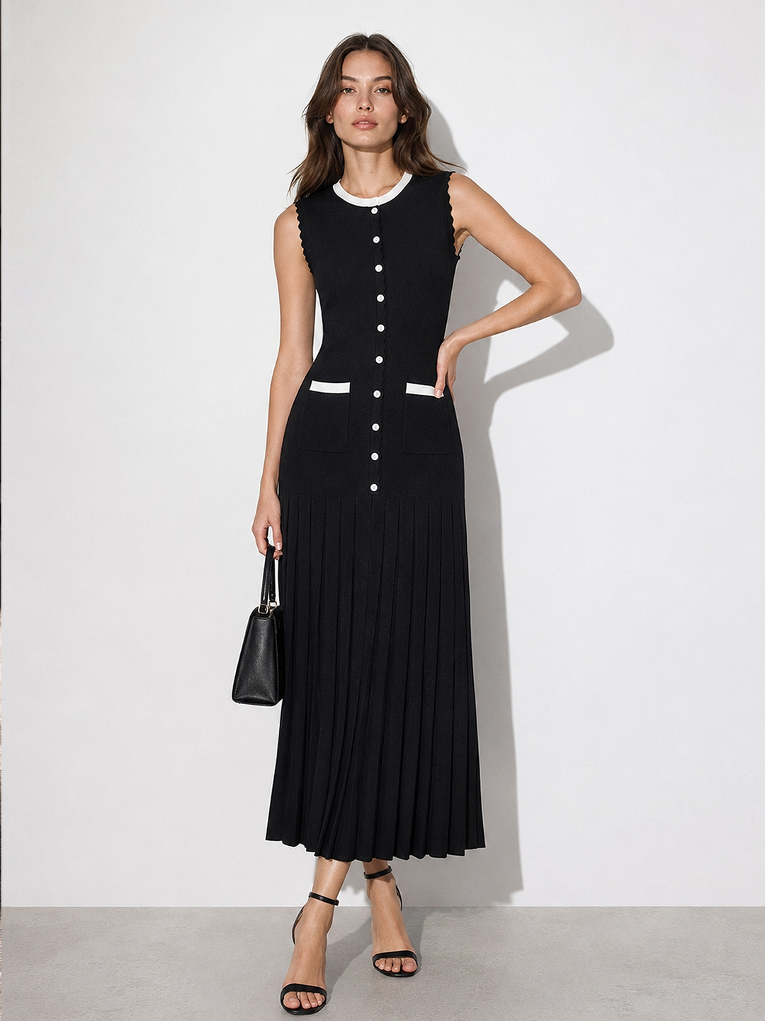 Scalloped Edge Pleated Knit Maxi Dress — women's sweater dresses, front view