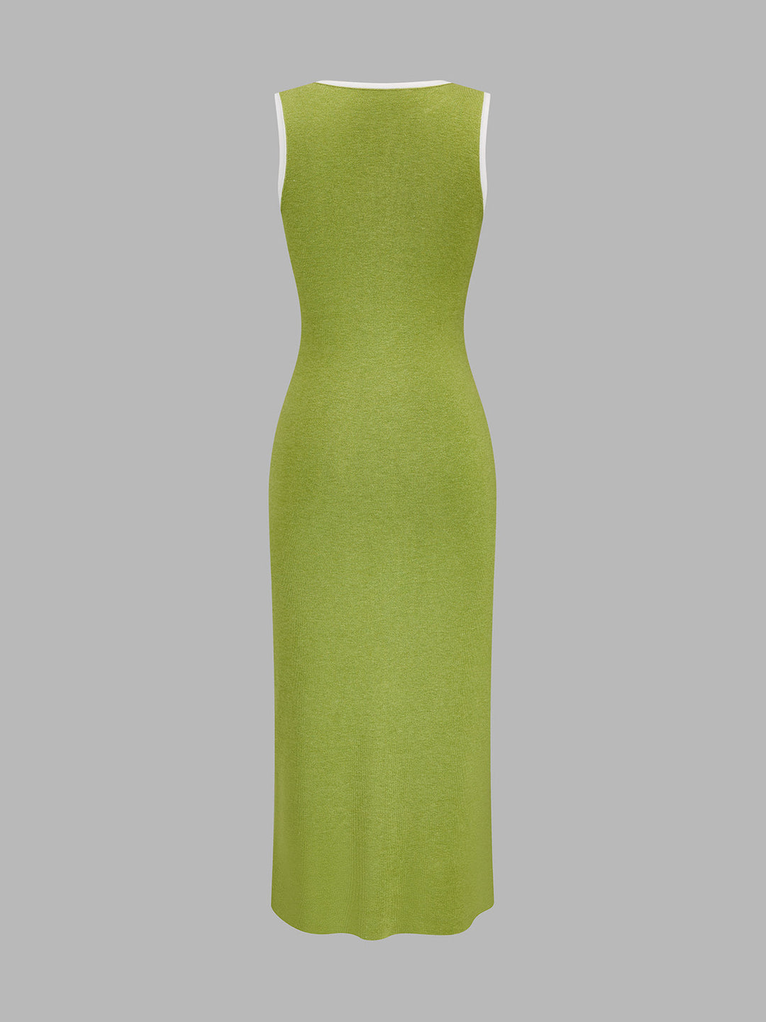 Back view of the sleeveless green knit maxi dress with white bound neckline