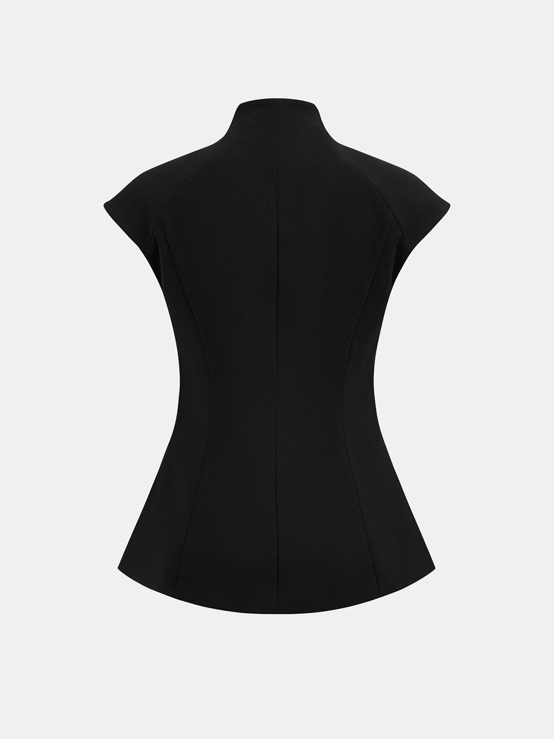 Back view of black fitted peplum top showing stand collar and princess waist seams