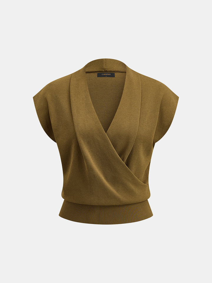 Wrap V Neck Sleeveless Knit Top - women's knit top, front view