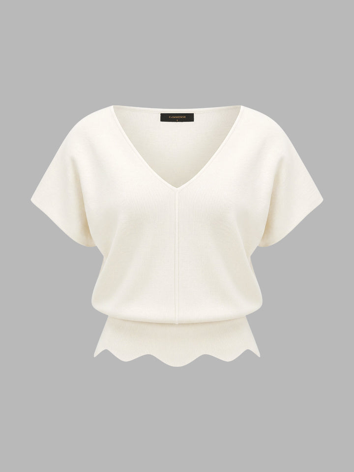 V-Neck Scalloped Hem Knit Top