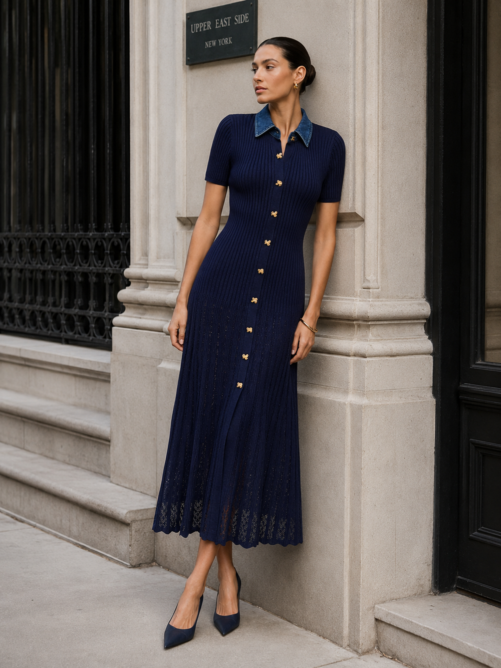 Denim Collar Ribbed Knit Maxi Dress — women's sweater dresses, back view