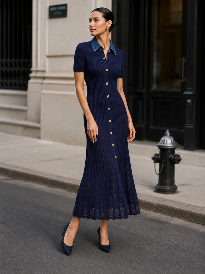 Denim Collar Ribbed Knit Maxi Dress - women's denim dress, front view